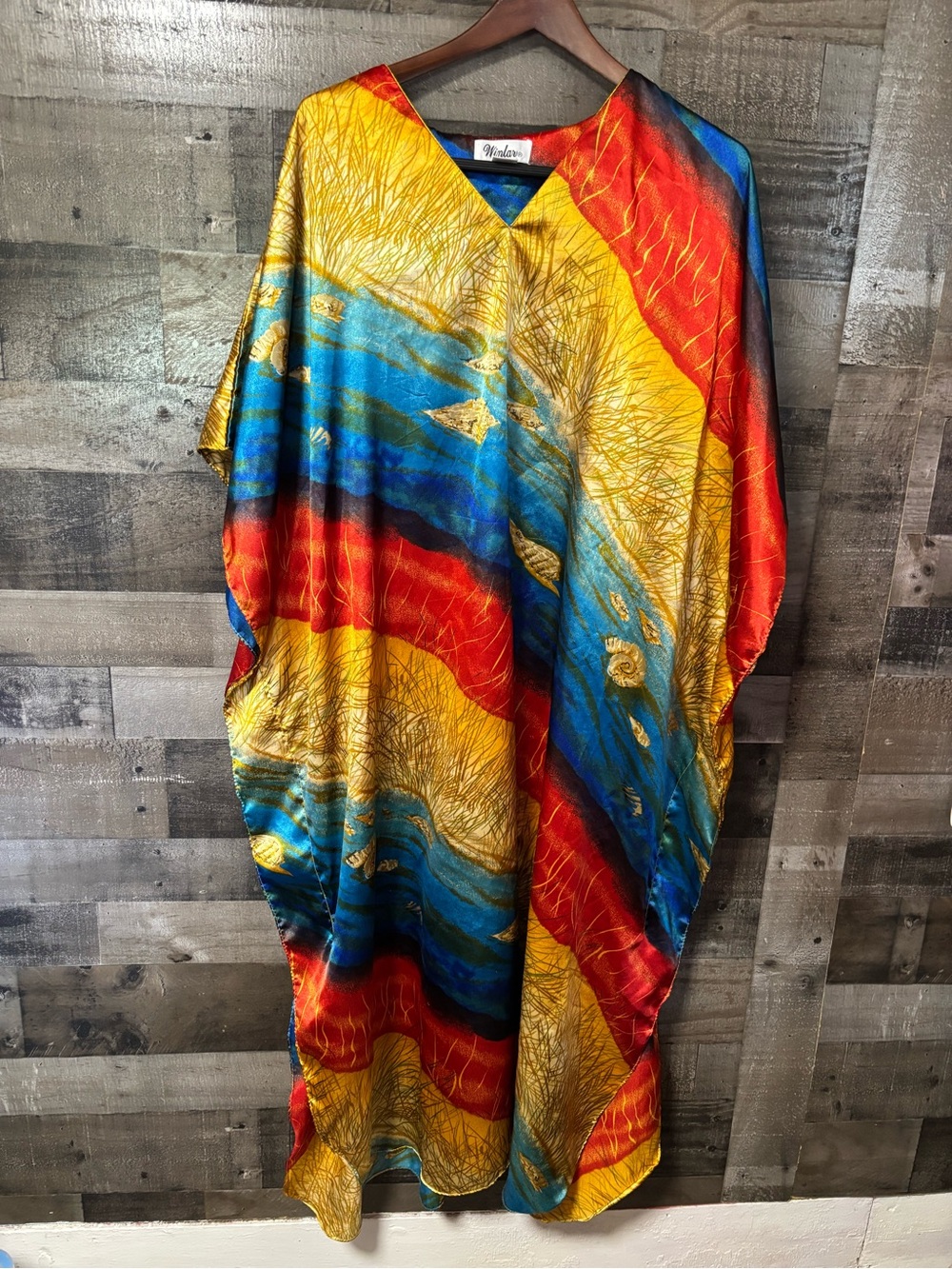 Winlar Multicolor Silk-Feel V-Neck Caftan - Bold Red, Yellow & Blue Shells OS